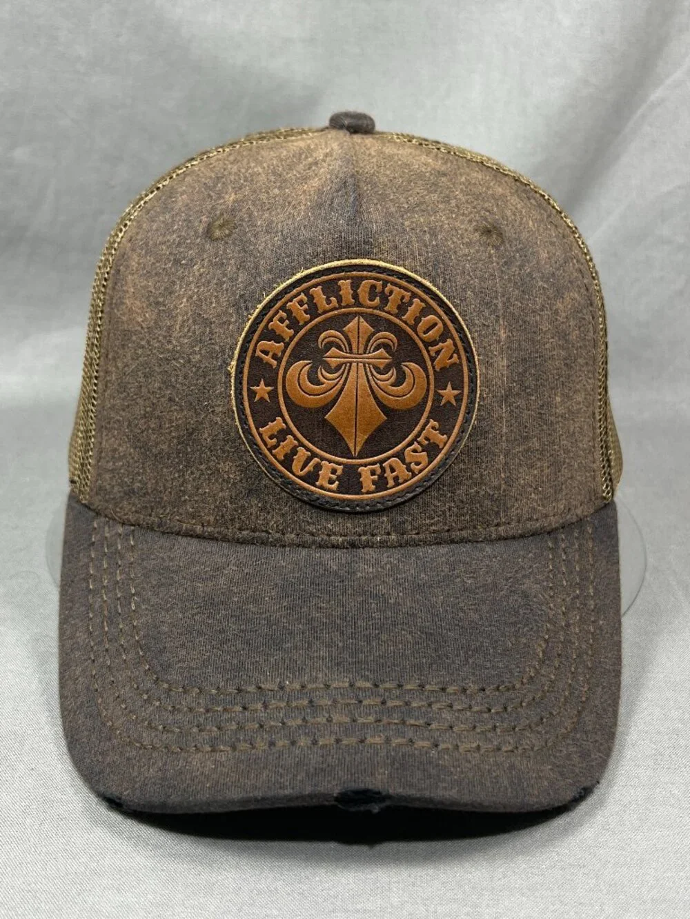 Affliction Live Fast Trucker Hat Snapback Brown Leather Patch Distressed Cap
